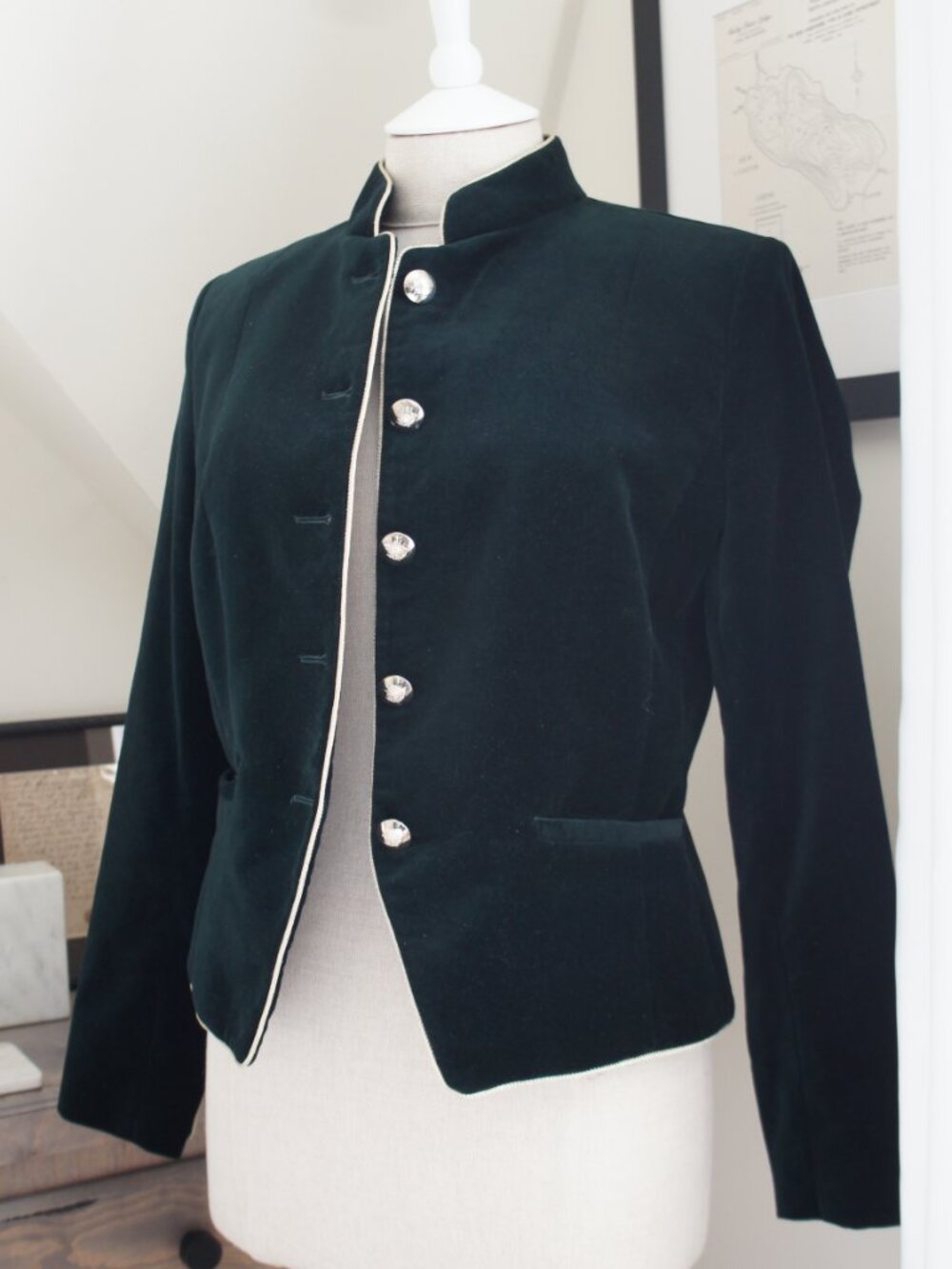 MANGO Dark Forest Green Velvet Jacket Blazer Mandarin Collar Size Small